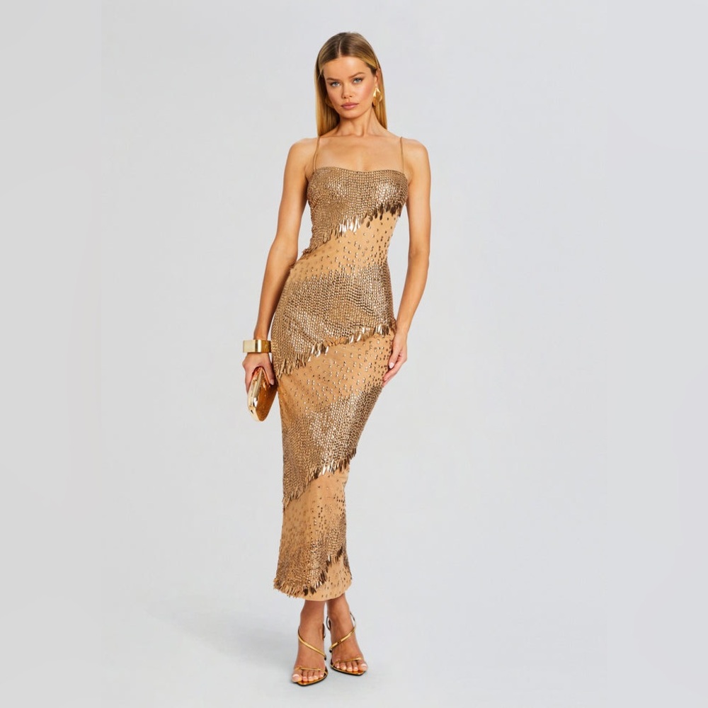 Retrofete New Carmine Embellished Dress In Tannin Size L
